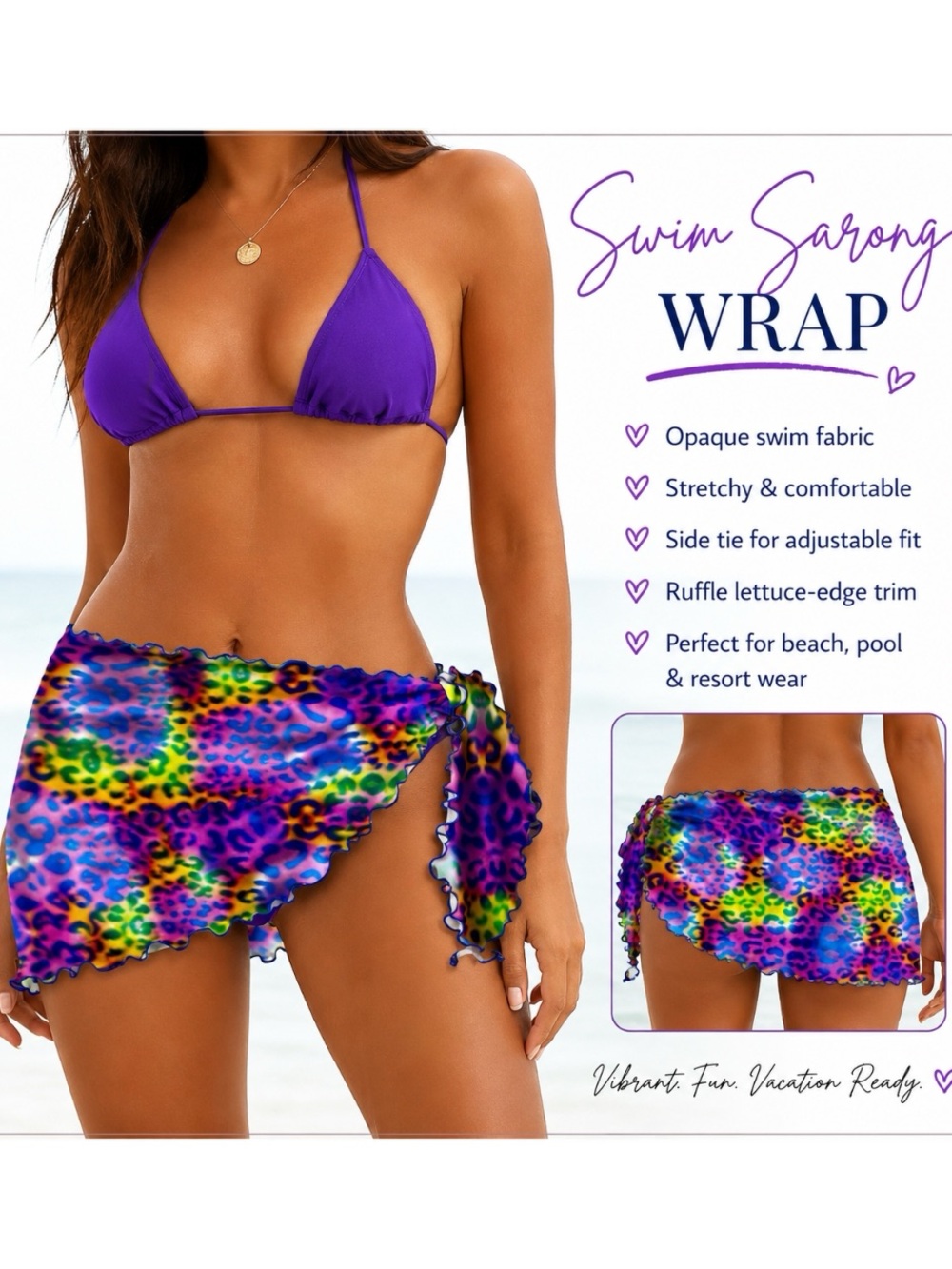 Rainbow Leopard Print Swim Sarong Wrap Cover-Up